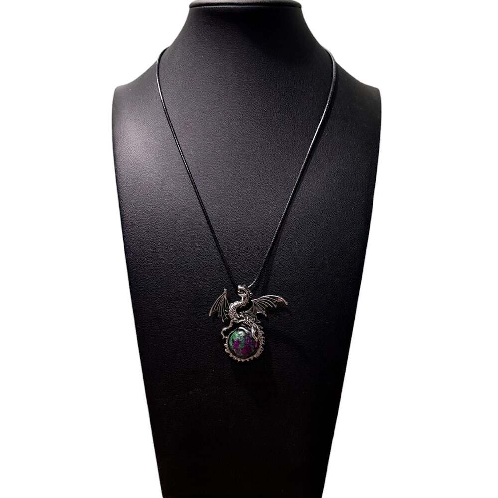 Ruby Zoisite Dragon Pendant Black Cord Necklace - Picture 3 of 3